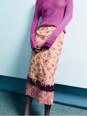 Zara Pink Floral Midi Skirt with Magenta Sequin Band